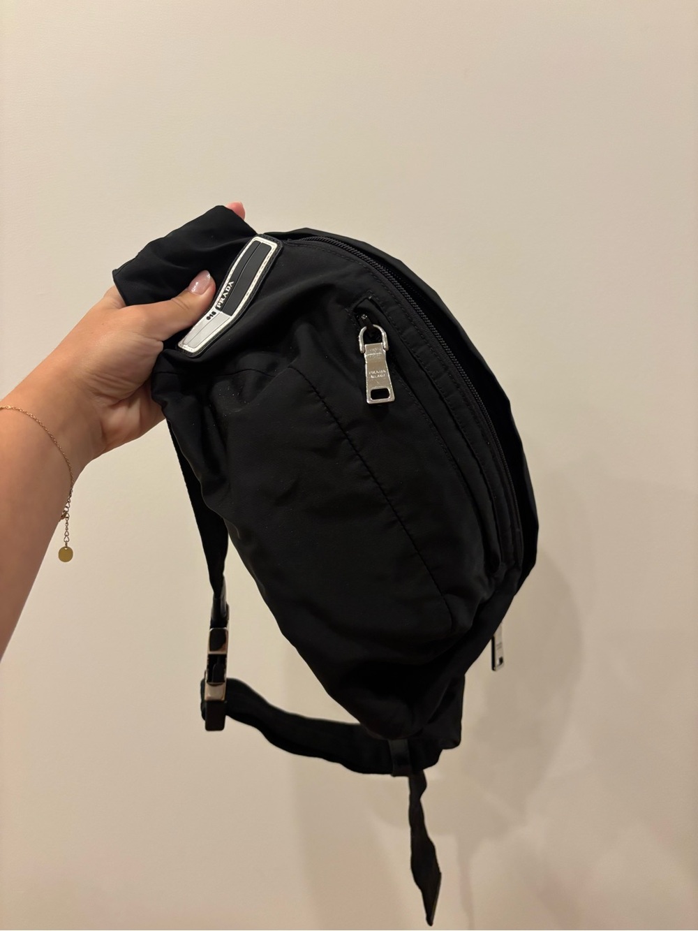 Prada Authentic Tessuto Belt Bag Fanny Pack Black 3 Zippers 2018 Rubber Patch